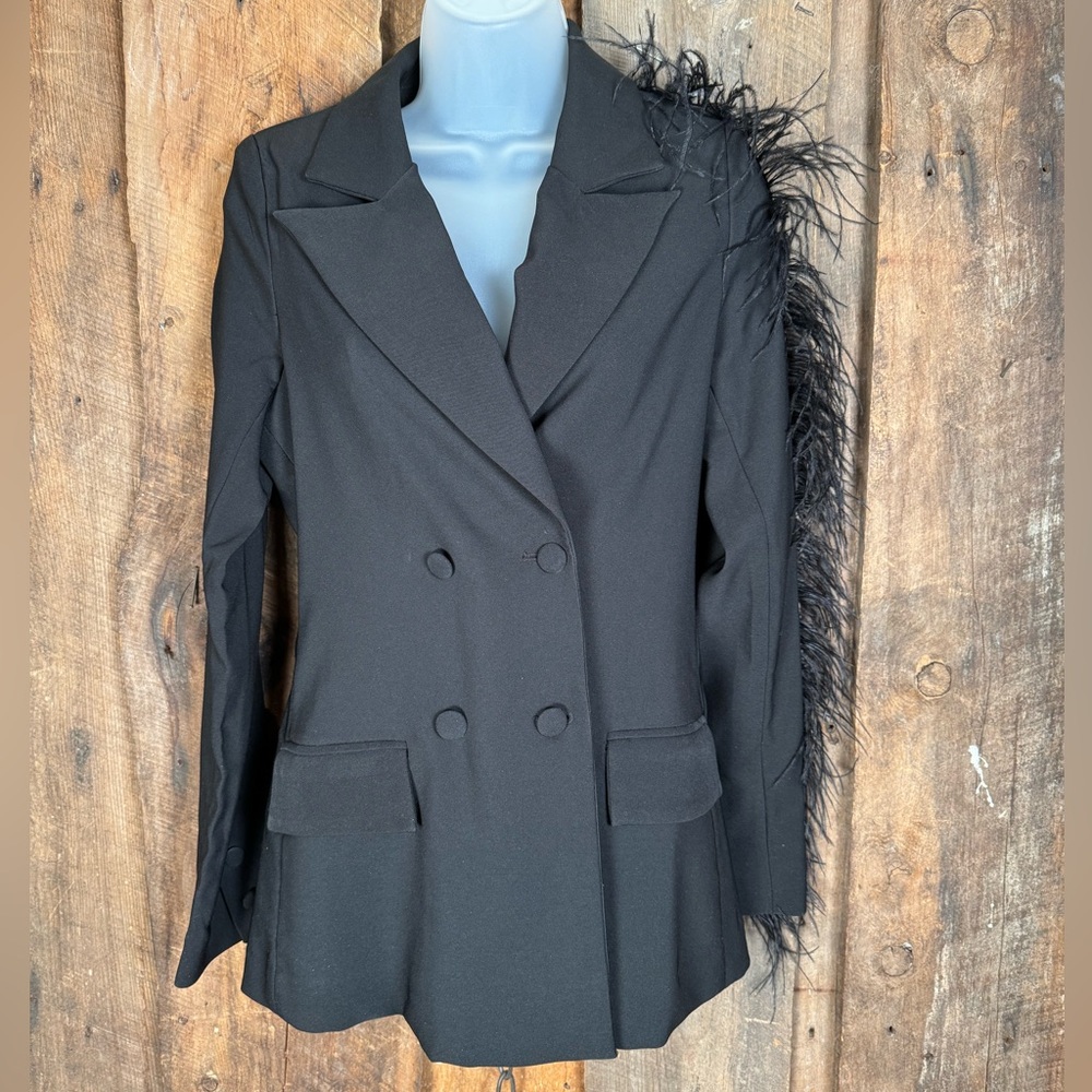AKIRA Black Double-Breasted Blazer with Feather Trim